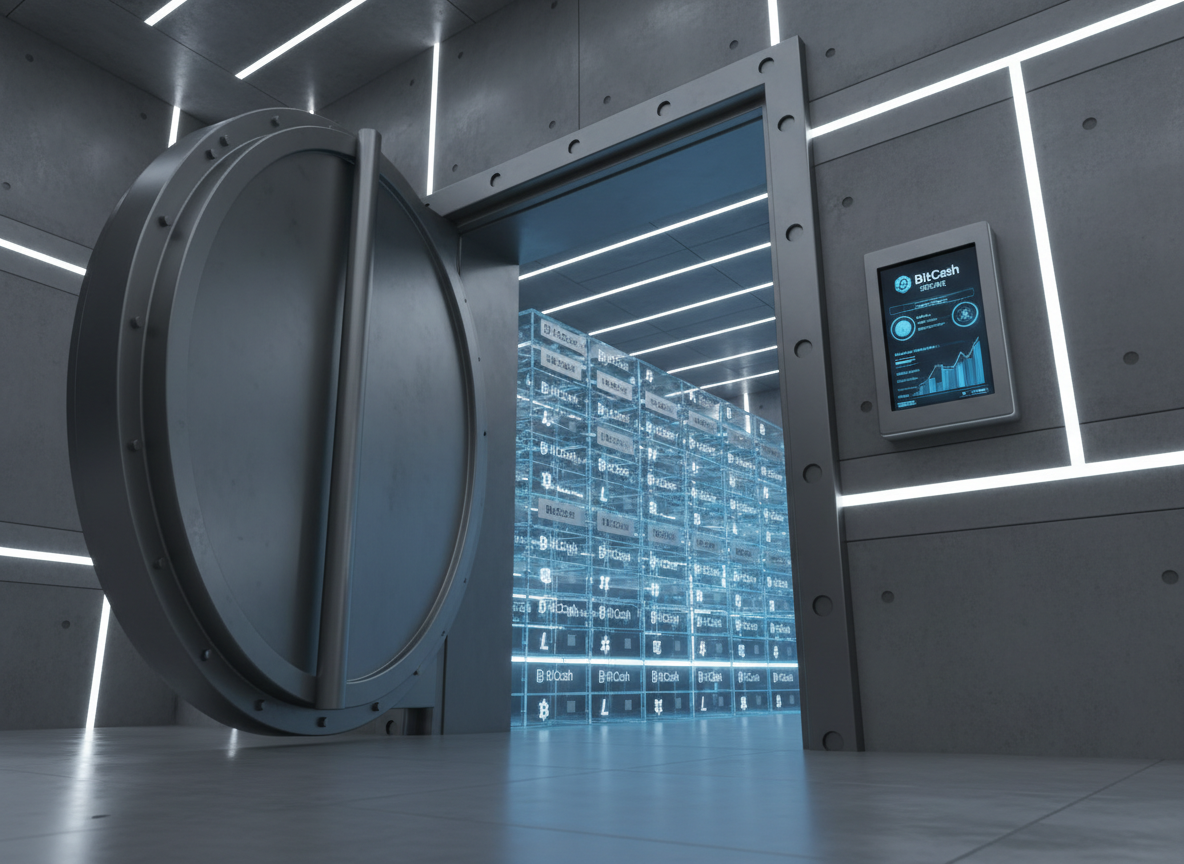 A secure BitCash crypto asset vault concept rendered in photographic realism: a heavy, matte steel vault door slightly ajar, revealing organized rows of illuminated, transparent storage boxes inside, each box labeled with familiar cryptocurrency symbols and BitCash-branded tags. The vault walls are smooth, reinforced concrete with embedded LED light strips that cast a clean, white glow across the scene. A digital control panel beside the door shows a BitCash interface confirming multi-layer protection and asset diversification. The lighting is crisp and controlled, with subtle reflections on the metal and glass, creating a mood of absolute safety and professionalism. Shot from a low, slightly off-center angle, the composition emphasizes depth and strength, ideal for illustrating crypto asset management and protection.