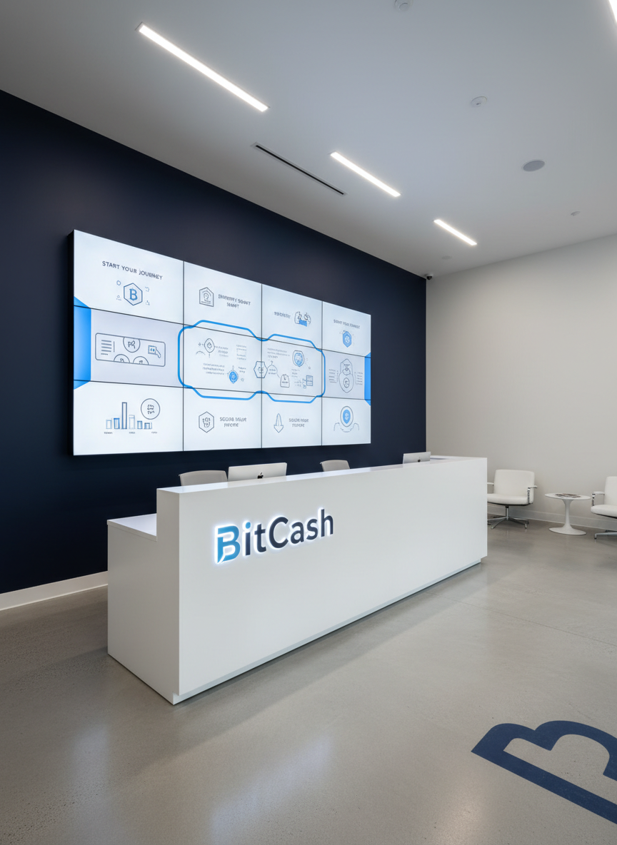A minimalist BitCash reception area with a clean, matte-white front desk featuring a backlit BitCash logo in cool blue. Behind the desk, a large wall-mounted digital panel displays a rotating set of simplified crypto infographics and safe-investing tips in a consistent, modern graphic style. The floor is polished light concrete, and the walls are neutral with a single accent wall in deep navy. Discreet LED strip lights run along the ceiling edges, creating a soft, even glow with no harsh shadows. Photographic realism, shot at eye level with a wide-angle lens to capture the entire space, maintaining sharp focus throughout. The mood is welcoming yet highly professional, conveying that newcomers to the crypto world can receive clear, personalized assistance at BitCash.
