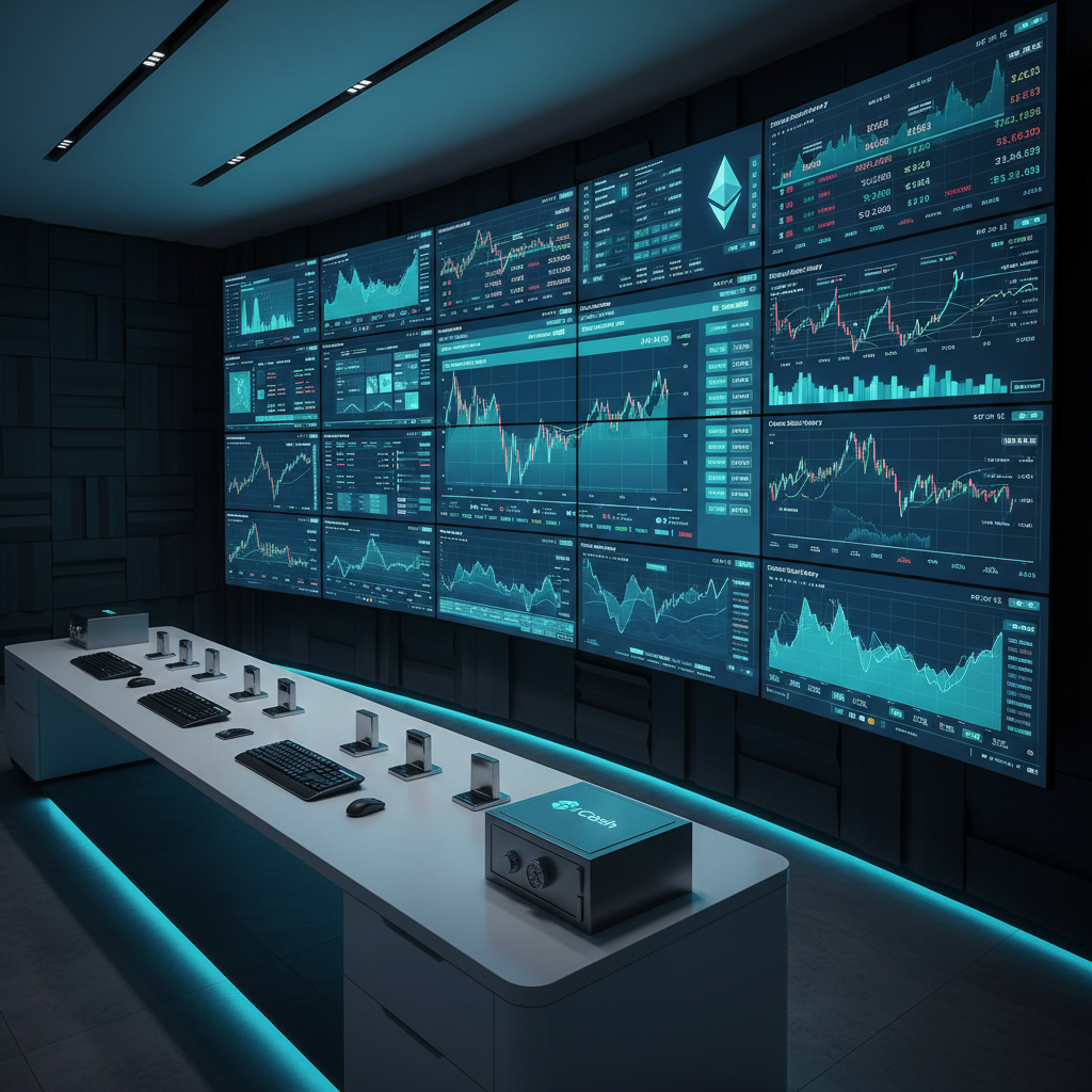 An ultra-modern BitCash crypto control room featuring a wide, gently curved wall of large LED screens showing real-time Bitcoin, Ethereum, and altcoin prices, heatmaps, and risk dashboards in a consistent blue and teal BitCash brand palette. In front, a long, minimalist workstation holds tidy arrangements of keyboards, hardware wallets, and a sleek, locked metal safe labeled with a subtle BitCash logo. The environment is a quiet, secure office with dark acoustic panels and floor lighting guiding the walkway. Cool, soft overhead lighting combines with the glow of the screens, creating a focused, analytical atmosphere. Photographic realism, shot from a slightly elevated angle with sharp focus throughout, communicating security, oversight, and professional asset management.