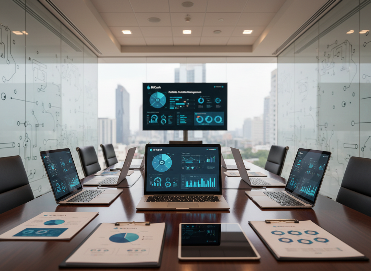 A polished wooden conference table in a BitCash meeting room, with a minimalist arrangement of open laptops, a sleek tablet, and printed reports displaying colorful but clean crypto portfolio charts, pie graphs, and risk indicators, all branded in BitCash blue and teal. The room features glass walls etched with subtle circuit patterns, hinting at blockchain technology, and a large wall-mounted screen at the far end showing a BitCash portfolio management dashboard. Soft natural daylight filters through large windows, complemented by warm recessed ceiling lights, creating a balanced, professional atmosphere. Photographic realism, shot from a slightly elevated angle along the length of the table, with sharp focus on the devices and documents, the background gently blurred. The mood is calm, organized, and advisory, emphasizing personalized crypto guidance.